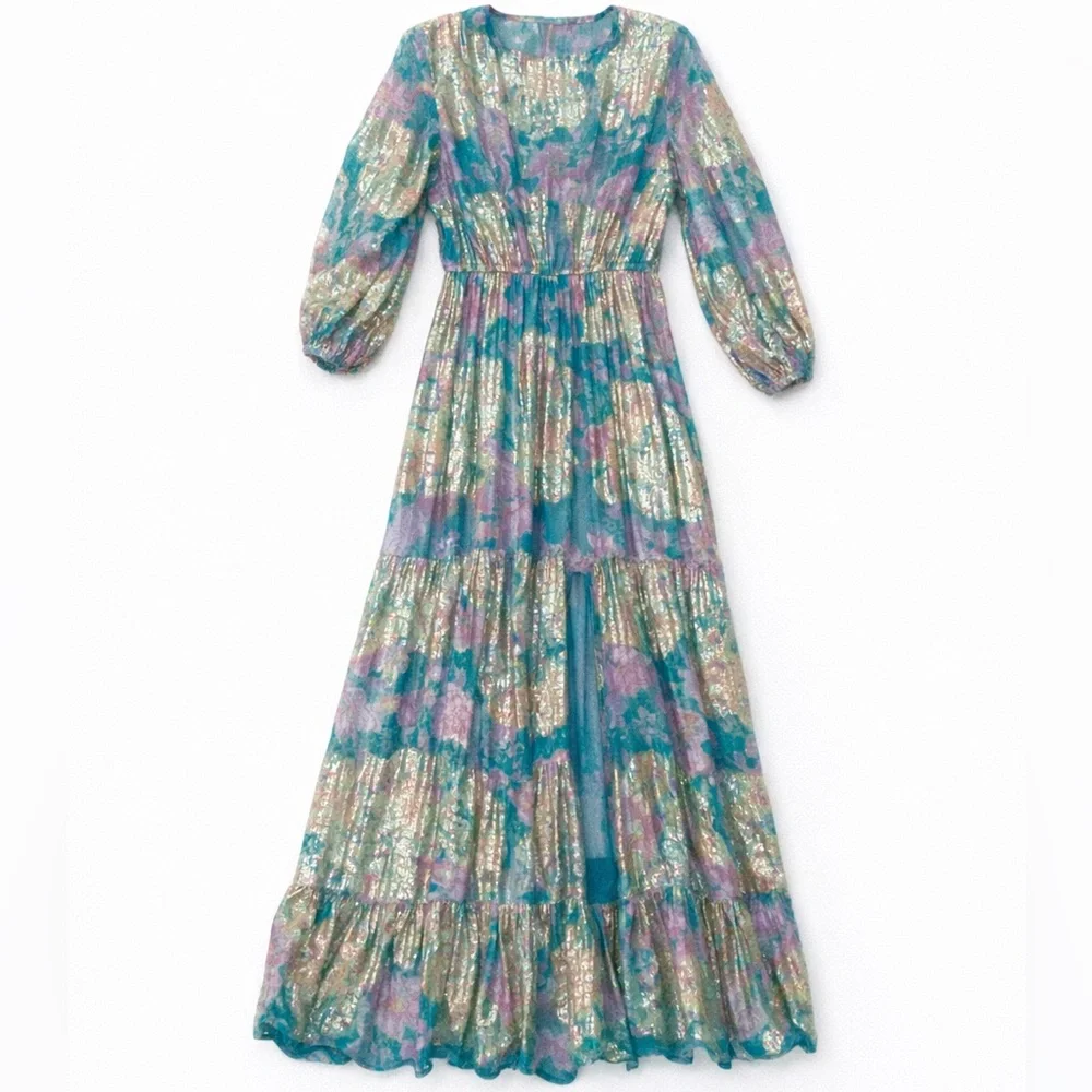 💕sold💕HEMANT & NANDITA Turquoise Pink Long Sleeve Dress Boho Kentucky Derby Maxi - Picture 3 of 4